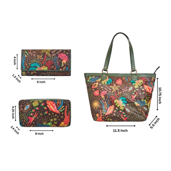 3-Pc Women's Bag Combo – Printed Fabric Tote bag, RFID Wallet & Jewelry Case - Picture 2 of 7